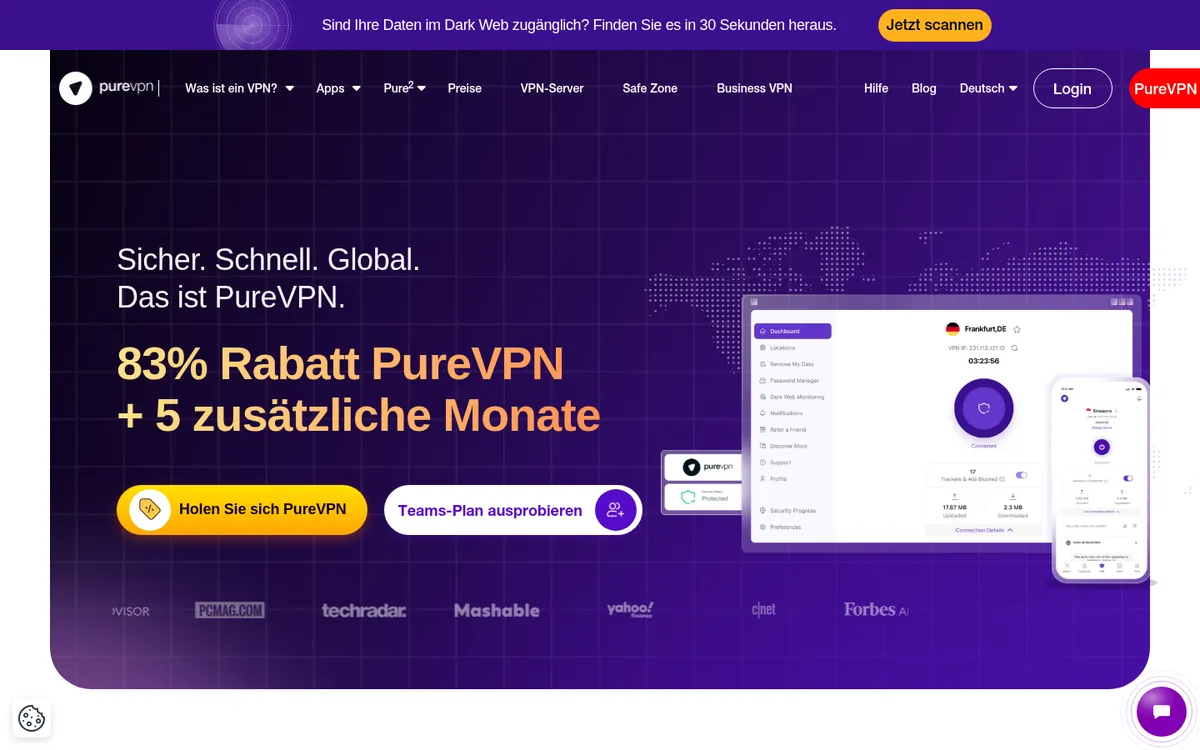 Startseite von PureVPN am Computer – VPN Österreich im Test