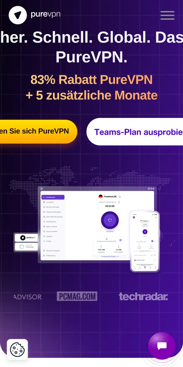 Startseite von PureVPN auf dem Smartphone – VPN Österreich im Test