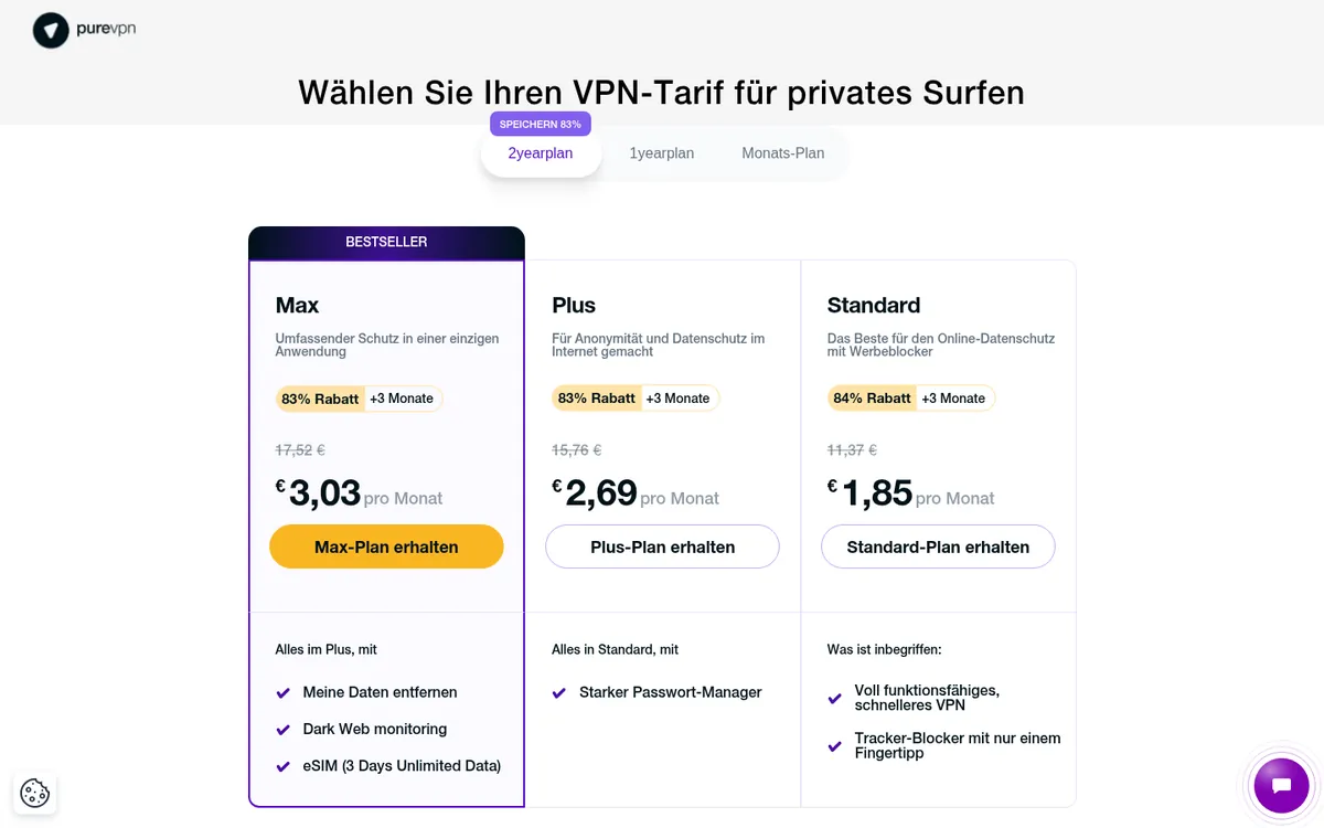 Preisseite von PureVPN – VPN Österreich im Test