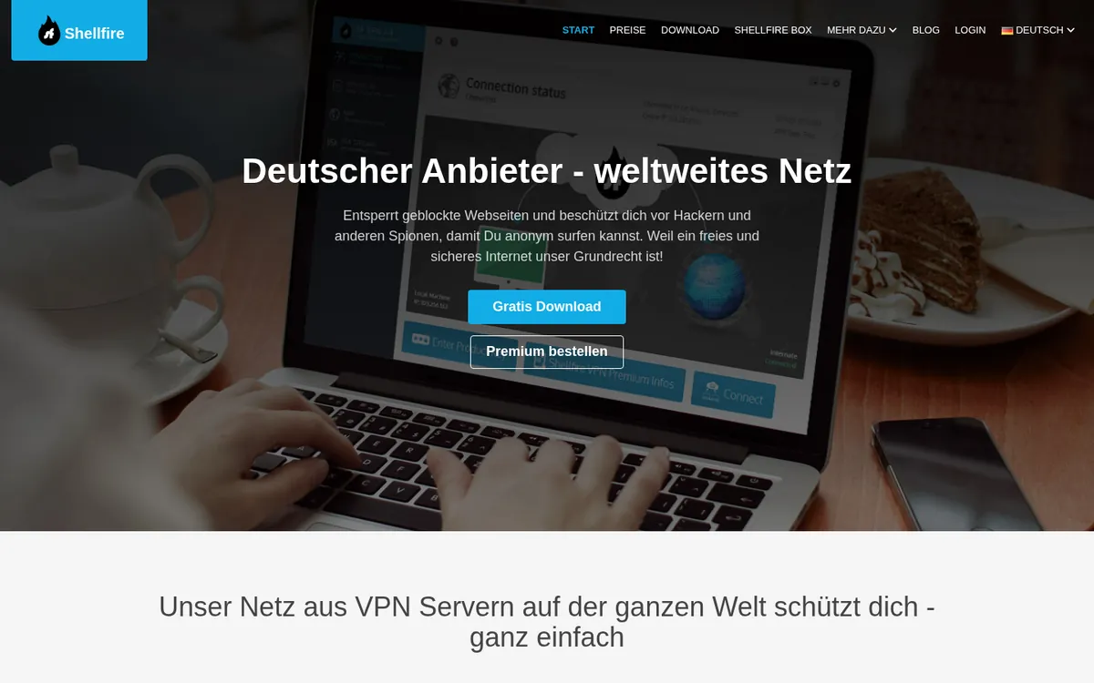 Startseite von Shellfire VPN am Computer – VPN Österreich im Test