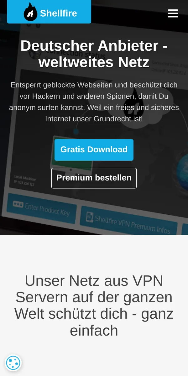 Startseite von Shellfire VPN auf dem Smartphone – VPN Österreich im Test
