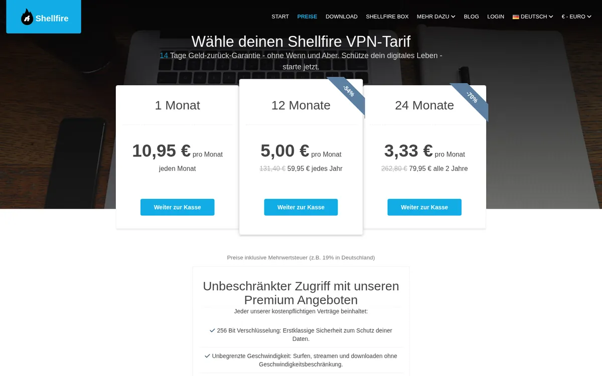 Preisseite von Shellfire VPN – VPN Österreich im Test