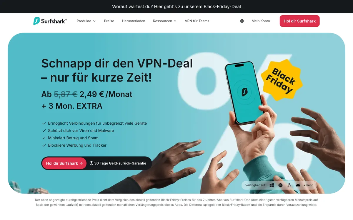 Startseite von Surfshark, einem der Dienste im Vergleich