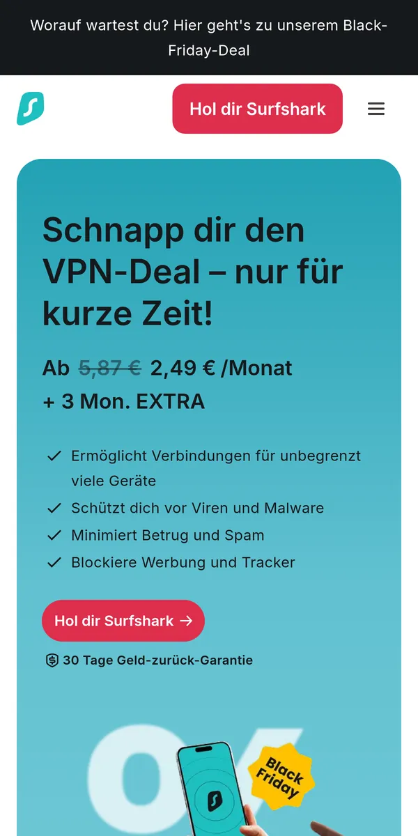 Startseite von Surfshark auf dem Smartphone – VPN Österreich im Test