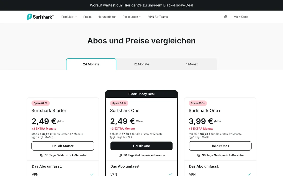 Preisseite von Surfshark – VPN Österreich im Test