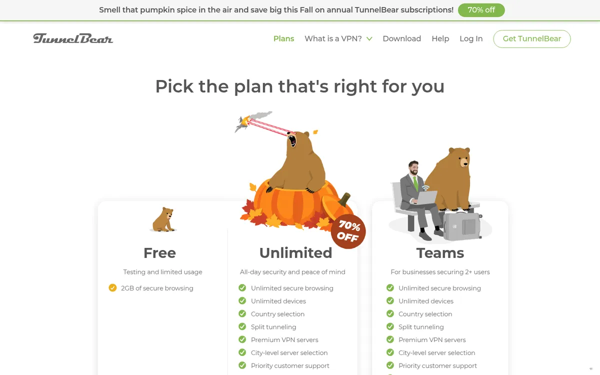 Preisseite von TunnelBear – VPN Österreich im Test