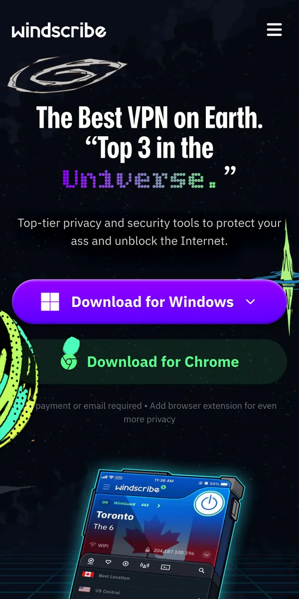 Startseite von Windscribe auf dem Smartphone – VPN Österreich im Test